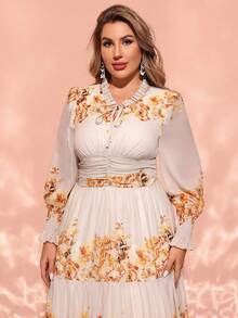 Plus Size Women's Spring Summer Ruched Collar Tie Up Waist Floral Print Elegant Dress - Multicolor - View 5
