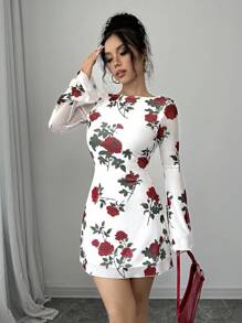 Women Floral Backless Bell Sleeve Mesh Mini Bodycon Slip Dress - Multicolor - View 7