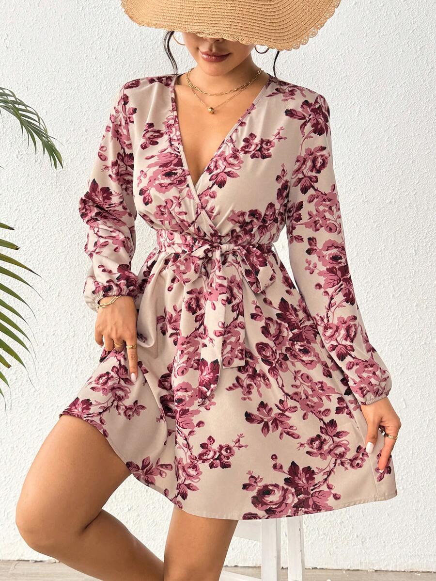 Breezaya Đầm mini thanh lịch cổ chữ V rộng rãi, tay dài, thắt eo, in họa tiết hoa hồng, thích hợp cho mùa xuân và mùa thu - Màu be - Xem 1