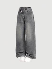 SHEIN Girlism Jeans anchos de pierna ancha de mezclilla vintage con lavado retro y cintura asimétrica, estilo Y2K para niña preadolescente, ropa de otoño para volver a la escuela - Azul lavado oscuro - Ver 3