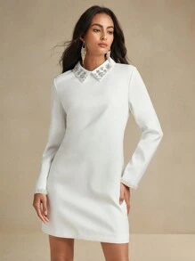 Anewsta 优雅通勤珍珠缀饰女士连衣裙 - 白色 - 查看 3