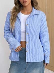 SHEIN EZwear 女士条纹长袖单排扣休闲宽松夹克，冬季 - 藍色 - 查看 6