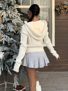 SHEIN EZwear 1pc Women Apricot Fluffy Collar Zip-Up Knitted Cardigan, Autumn/Winter New