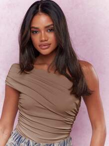 MISSGUIDED One Shoulder Ruched Bodysuit Elegant Evening Party Club Asymmetrical Flattering Form Fitting Draped Design Versatile Women Top - Khaki - View 3