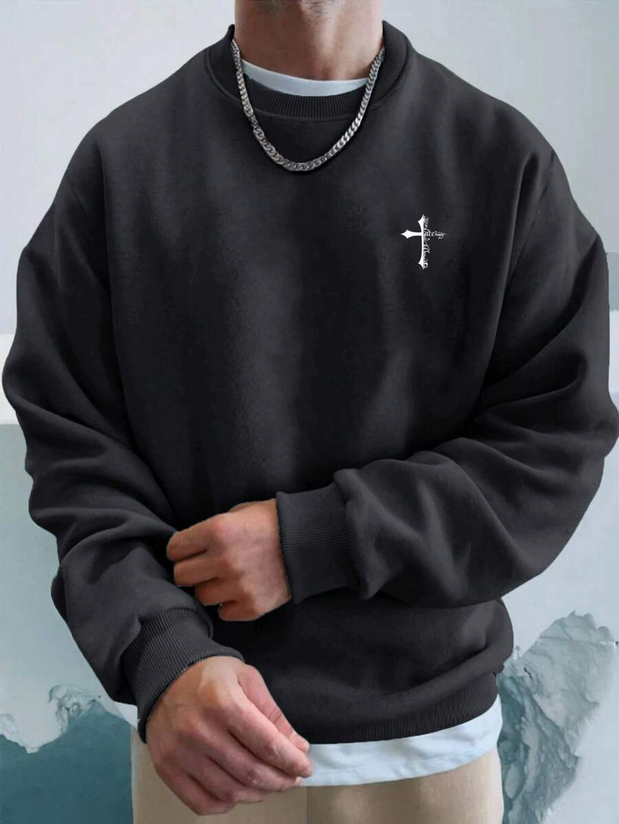 EURMUSE Men's Casual Everyday Cross Print Round Neck Loose Dropped Shoulder Sweatshirt, Autumn - Dark Grey - View 1