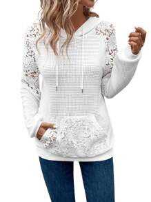 SHEIN LUNE Áo nỉ trùm đầu thêu ren trắng phong cách Pháp giản dị dành cho nữ, mùa thu - trắng - Xem 7