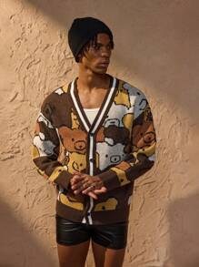 Forever 21 Áo len cardigan dệt kim dài tay in hình gấu bông giản dị cho nam mùa thu/đông - màu nâu - Xem 7