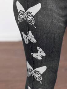 Baby Girl Knitted Denim Effect Butterfly Pattern Leggings, Suitable For Outings, Gatherings And Parties - Black - View 5