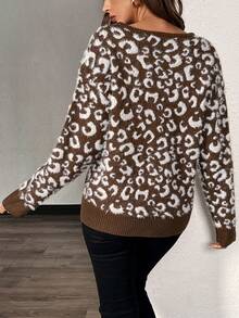 Chiquease Women's V-Neck Long Sleeve Leopard Pattern Sweater, Casual For Everyday Wear, Knit Pullover Fall Winter - Brown - View 2