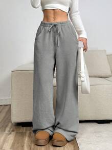SHEIN EZwear Women's Gray Drawstring Pockets Casual Woven Wide Leg Pants