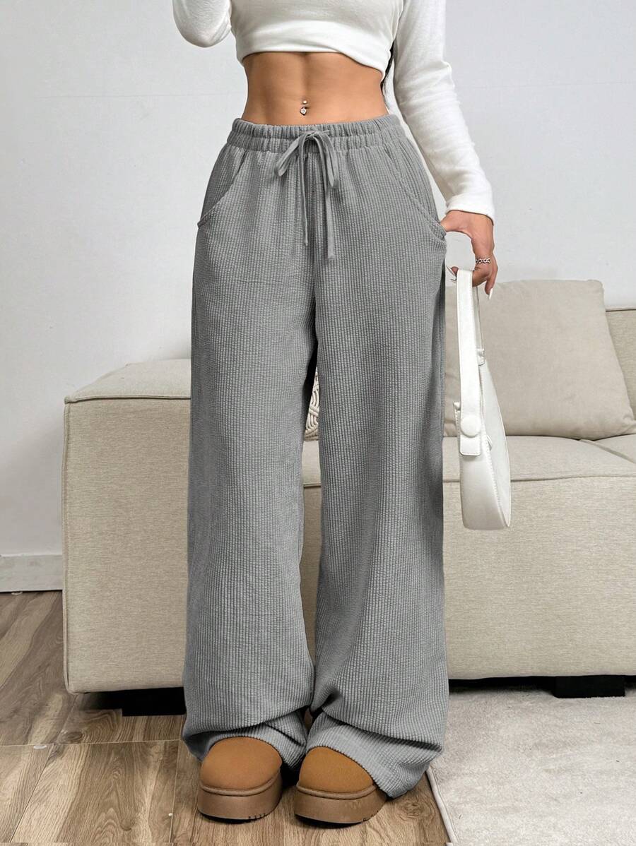 SHEIN EZwear Women's Gray Drawstring Pockets Casual Woven Wide Leg Pants