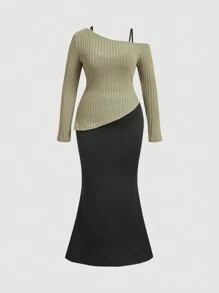 SHEIN MOD Set de 2 vestidos ceñidos de manga larga con cuello en V profundo y encaje, en talla grande - Multicolor - Ver 1