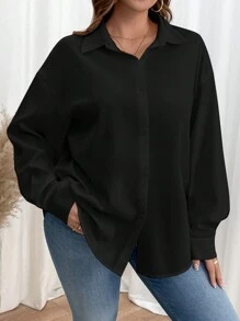 SHEIN Essnce Camisa blanca de mujer talla grande, camisa de manga larga, camisa informal y holgada con parches de rayas, ropa de maestra para otoño, ropa de vuelta al colegio para otoño, blusas de mujer para otoño, camisas escolares de manga larga blancas - Negro - Ver 2