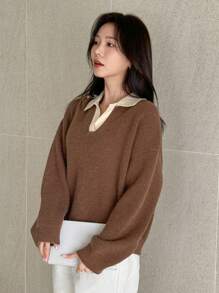 DAZY 1 pieza Jersey casual de mujer con bloqueo de color, hombro caído y manga larga, para otoño/invierno