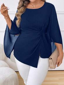 Celure Blusa transparente de cuello redondo, manga larga, cintura fruncida y bajo asimétrico para mujer - Azul Marino - Ver 7