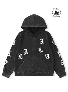 Manfinity EMRG Men's Casual Letter Print Zip Front Hooded Sweatshirt, Fall/Winter - Black - View 5