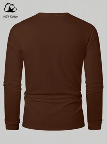 Manfinity Homme Men's Solid Color Round Neck Long Sleeve Casual T-Shirt, For Fall - Coffee Brown - View 2