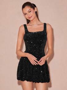 Enchnt 秋冬浪漫女式甜心性感黑色闪亮亮片方领无袖可爱迷你花蕾连衣裙，适合万圣节、感恩节和圣诞节派对黑色闪光连衣裙黑色闪光连衣裙黑色亮片连衣裙 - 黑色 - 查看 7