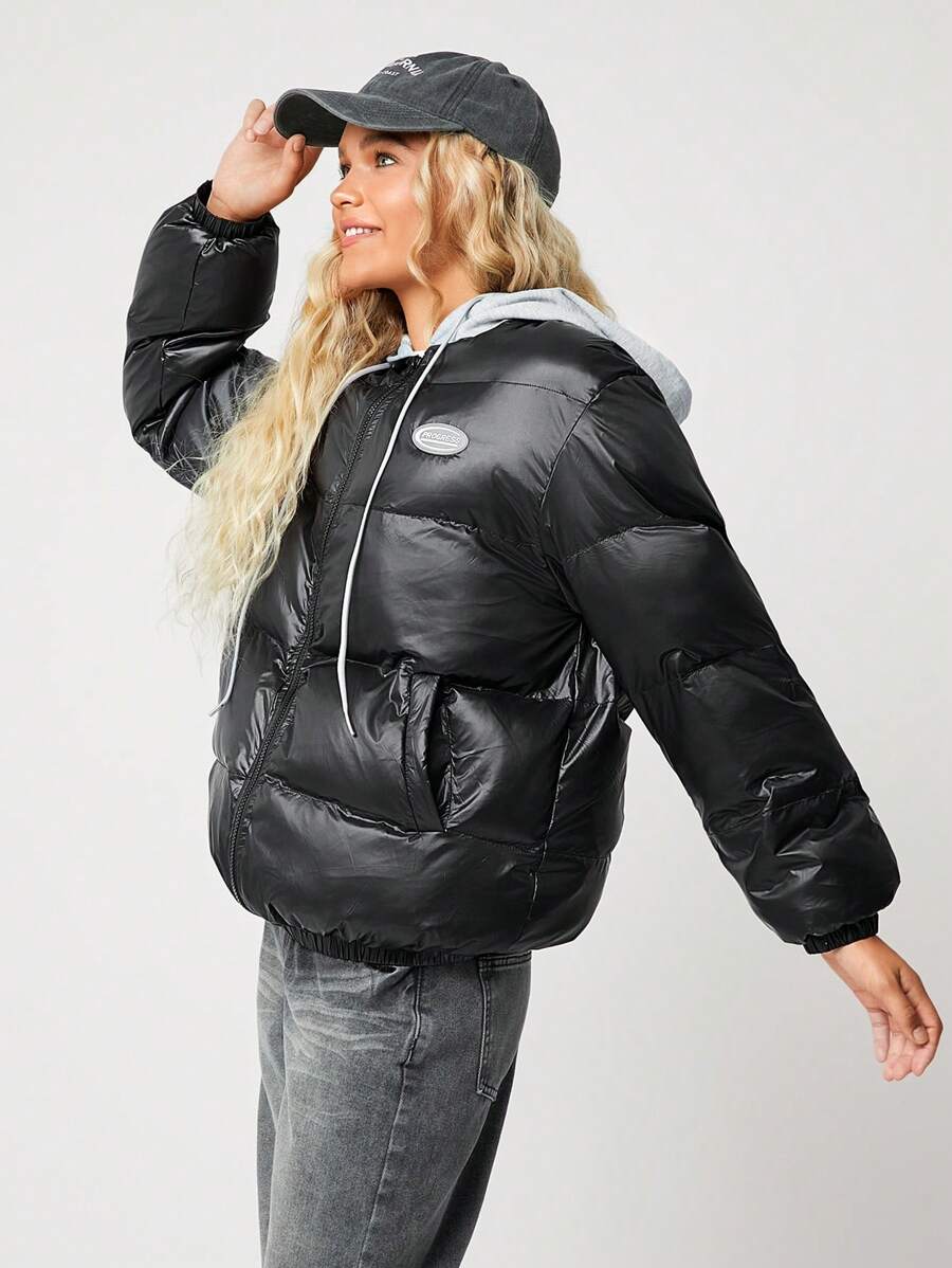 SHEIN EZwear 女士秋冬连帽亮面绗缝拼接二合一运动衫休闲棉服外套 - 黑色 - 查看 1