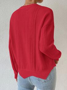 SHEIN Essnce Solid Color Round Neck Casual Versatile Long Sleeve Pullover Sweater - Red - View 2