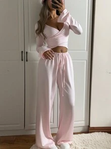 SHEIN EZwear Bộ đồ tập yoga thường ngày có cổ buộc dây và quần dài cho nữ - Hồng - Xem 6