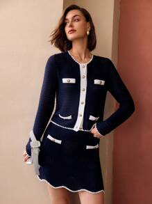 MOTF PREMIUM CONTRAST PIPING SCALLOP EDGE GOLD BUTTON PATCH POCKET KNIT SKIRT - Blue and White - View 2