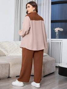 Mulvari Bộ 2 chiếc áo sơ mi dài tay và quần dài màu trơn đơn giản cho nữ cỡ lớn ngày lễ, mùa thu - màu nâu - Xem 2