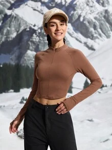 In My Nature 运动户外拉链长袖修身短款 T 恤 - 卡其色 - 查看 4