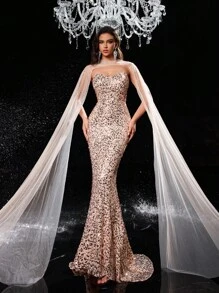 Glamrae Elegante vestido de cena de gala con cuello en V sin tirantes de cintura alta y silueta ajustada, con tul bordado en 3D con lentejuelas y pedrería desmontable tipo chal, en color champán, para invitada de boda, graduación o evento formal