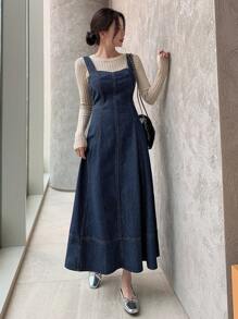 DAZY Einfaches quadratisches Ausschnitt-ärmelloses Denim Kleid für Frauen, Herbstkleidung, Schulkleidung