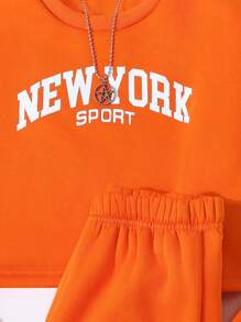 2pcs/Set Teenage Girls Casual Round Neck Sweatshirt & Sweatpants, Knitted - Orange - View 5