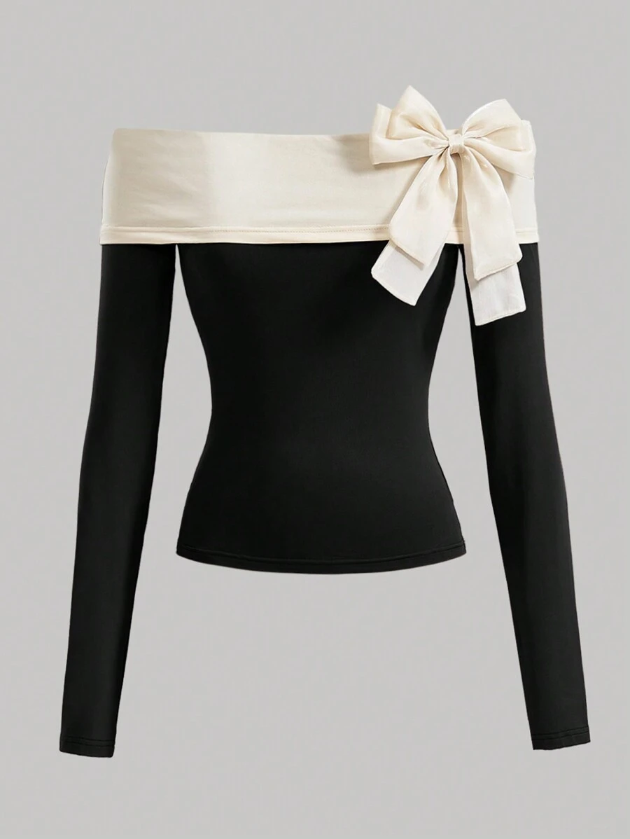 Girlism Teen Girls Plain Colorblock Off-Shoulder Bodycon Long Sleeve Top With Oversized Bow, Elegant & Charming For Party Outings - Black - View 1