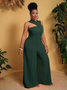 Slaydiva Plus Size Women Solid Color Pockets Wide Leg Loose Sleeveless Elegant Jumpsuit - Green - View 6