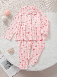 2pcs Baby Girls' Casual Cute Knit Checkerboard Heart Print Collared Cardigan Top And Allover Print Pants Homewear Set - Baby Pink - View 7
