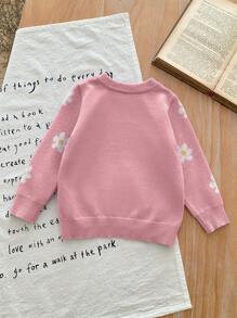 SHEIN LMoss Kids LMoss 女婴花卉图案针织长袖毛衣，可爱百搭，秋冬