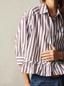 Bohemela Vacation Woven Striped Shirt For Women With Collar, 3/4 Ruffle Sleeve And Loose Fit - Brown - View 6