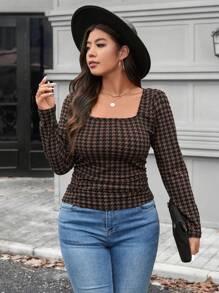 SHEIN LUNE Camiseta minimalista de manga larga con cuello cuadrado a lunares de talla grande, atuendo casual para uso diario/vacaciones de otoño