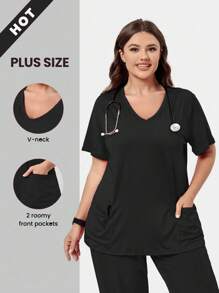 SHEIN TaskFit 大码女式纯色 V 领短袖口袋磨砂制服上衣 - 黑色 - 查看 1
