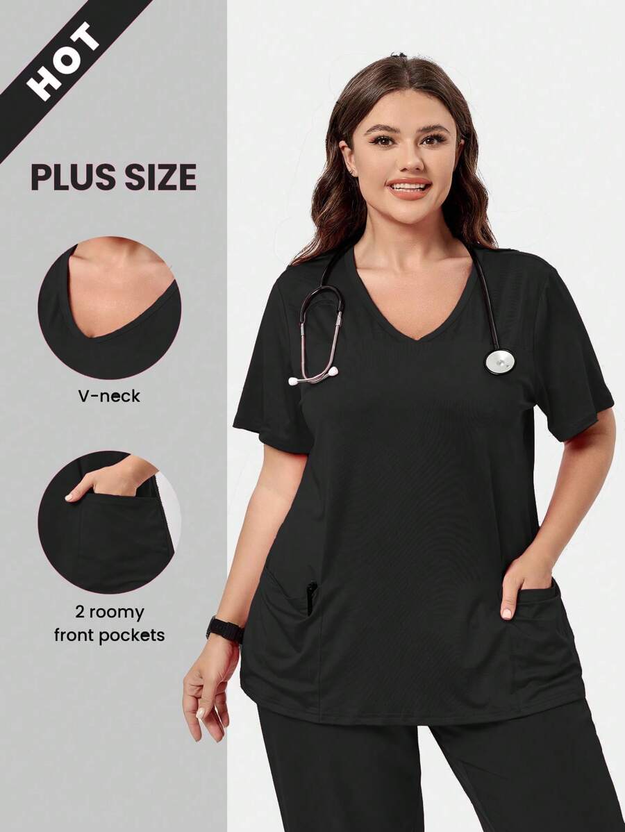 SHEIN TaskFit 大码女式纯色 V 领短袖口袋磨砂制服上衣 - 黑色 - 查看 1