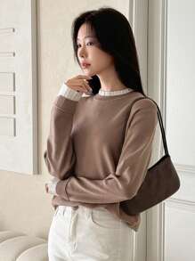 DAZY 女式双色荷叶边立领休闲宽松毛衣，长袖上衣秋季 - 棕色 - 查看 6