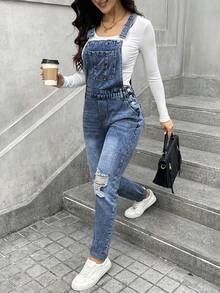 Quần yếm denim rách nhiều túi dây rộng cho nữ, mặc thường ngày - Rửa trung bình - Xem 4