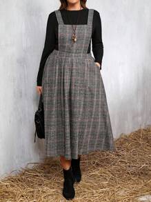 SHEIN LUNE 2pcs Plus Size Casual Solid Color Long Sleeve Top And Plaid Suspender Skirt Set, Autumn