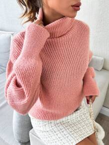 SHEIN Cottnline Suéter holgado de mujer con cuello alto y hombros caídos de tacto suave - Rosa vieja - Ver 5