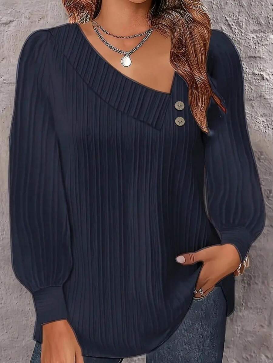 Plus Size Women's Long Sleeve Solid Color Casual Shirt - Navy Blue - View 1