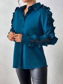 Women Elegant Solid Color Lace Ruffle Splicing Collar Long Sleeve Blouse, Autumn - Royal Blue - View 2