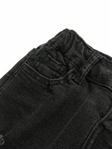 SHEIN Young Boy Distressed Black Denim Jeans With Ripped Design Details - Black - View 4