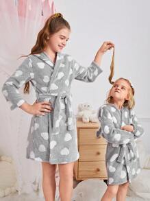 SHEIN Young Girl Cute Minimalist Rabbit Design Heart Pattern Long Sleeve Hoodie With Removable Belt, Soft & Comfortable Flannel Robe, Autumn/Winter (Sibling Outfits, Sold Separately) - Grey - View 6