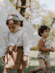 2pcs Baby Girls' Ruffle Collar Jacquard Long Sleeve Top And Skirt Set, Suitable For Outing, Spring/Autumn - Multicolor - View 7