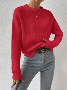 SHEIN Essnce Solid Color Round Neck Casual Versatile Long Sleeve Pullover Sweater - Red - View 3