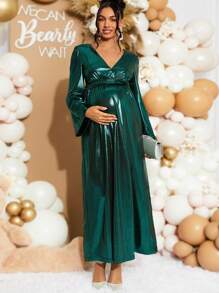 Loomaby Elegante vintage V-hals jurk met geplooide taille voor een zwangerschapsfeest